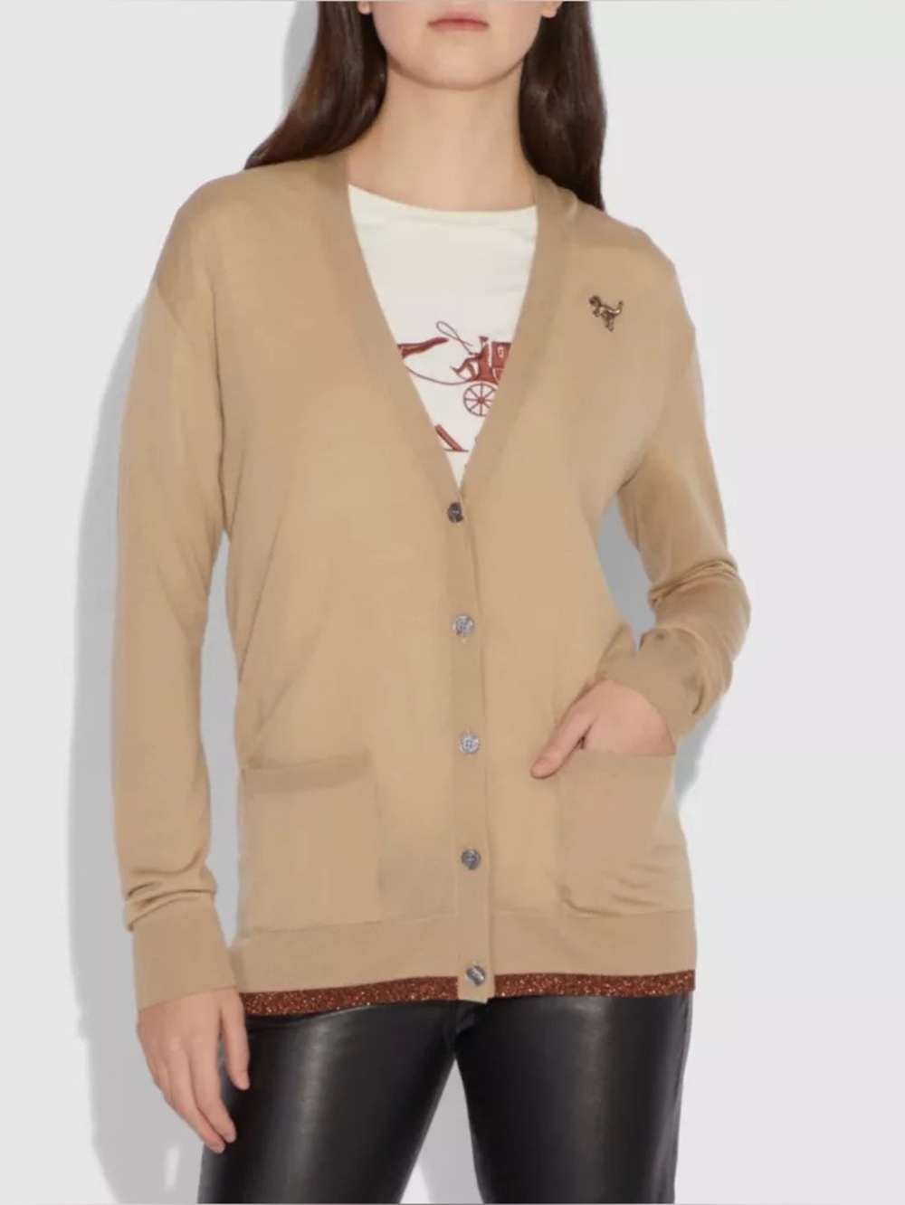 Coach 1941 women’s tan merino Rexy Patch Cardigan, medium.